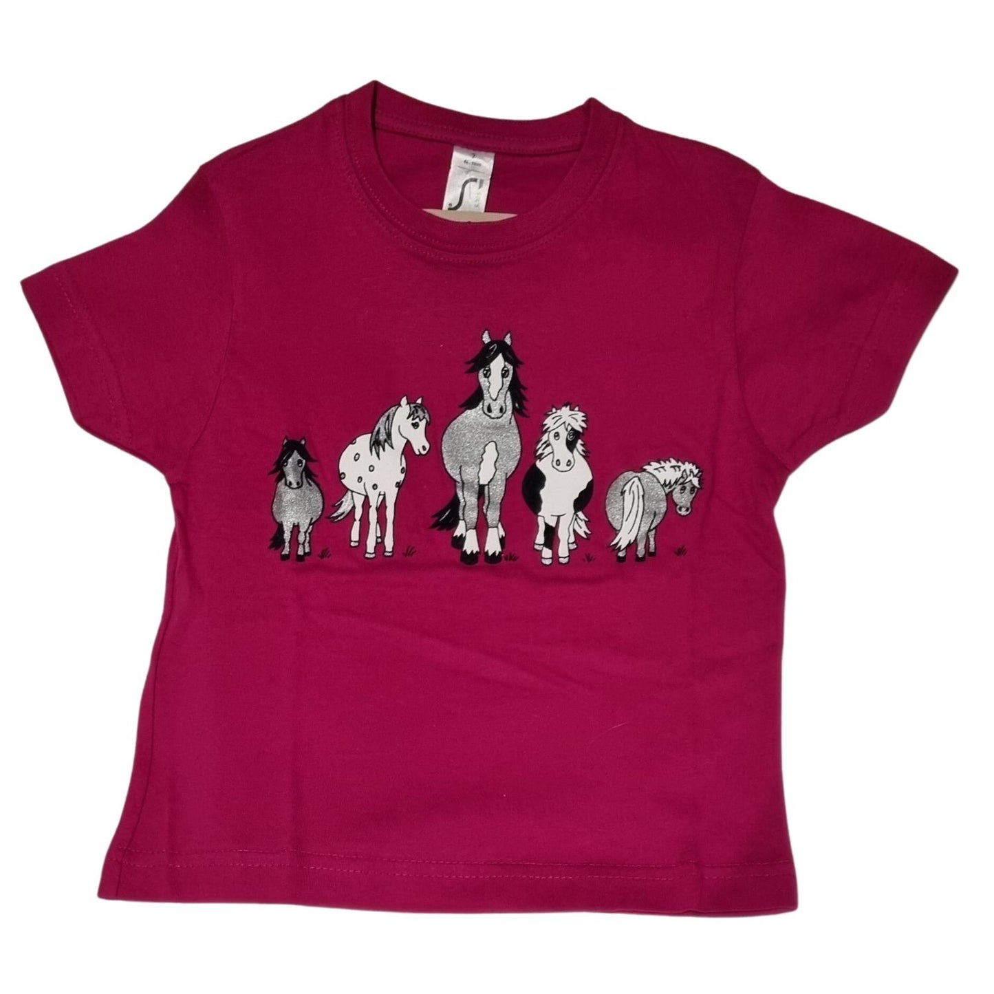 The Childrens T Shirt Printed The Herd Horse Design by British Country Collection showcases five black and white cartoon horses on a maroon tee, crafted from 100% cotton for all-day comfort.