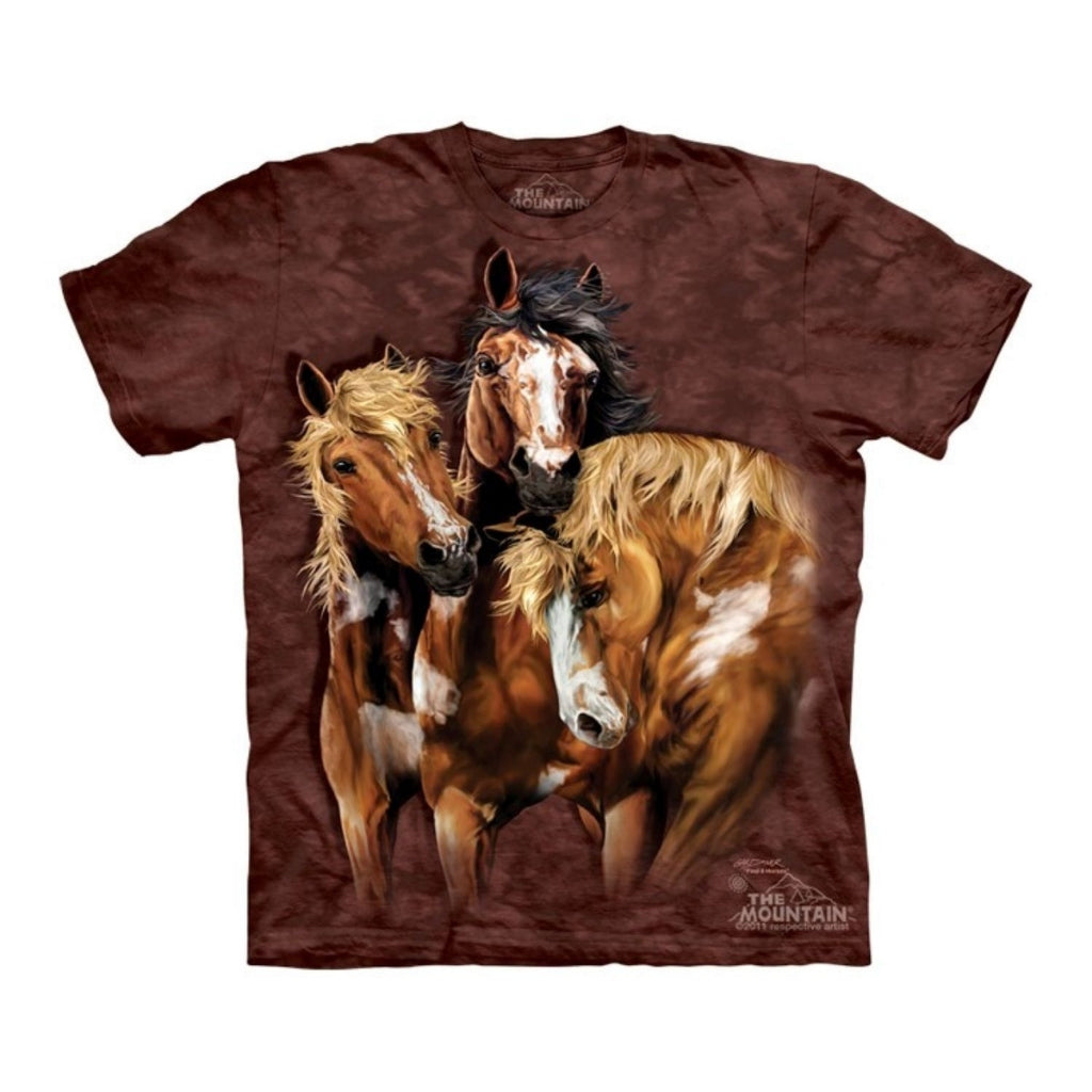 A brown coloured short sleeve round neck t shirt featuring three large horses with a further five horses hidden in the design for you to find.