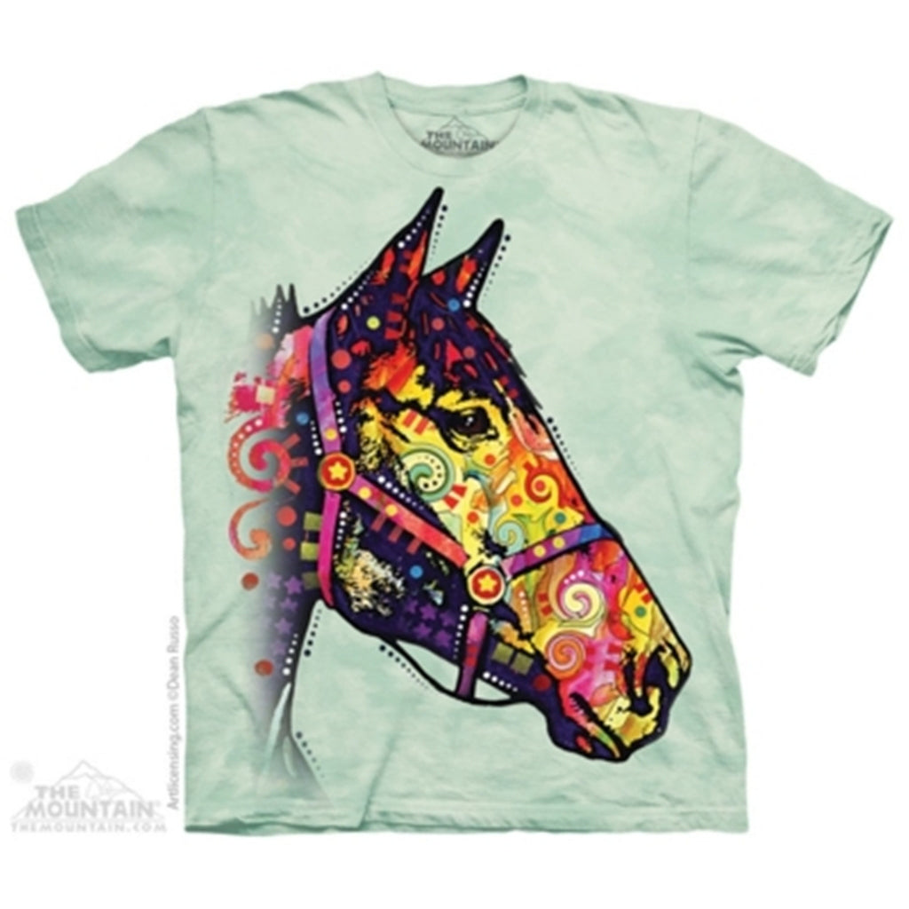 a light green short sleeve round neck t shirt with a large brightly coloured horses head. The horse is wearing a brightly decorated headcollar