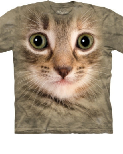 a grey green coloured short sleeve round neck t shirt featuring the large face of a tabby kitten looking towards you