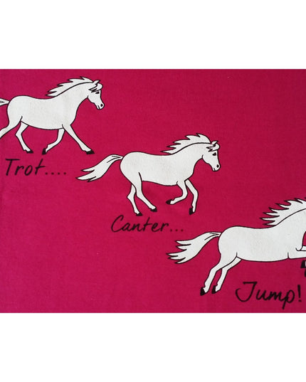 The Printed Horse T Shirt With Trot, Canter, Jump Design Childrens by British Country Collection features three white horses in different movements on a red backgroundâ€”perfect for kids who love charming horse designs.
