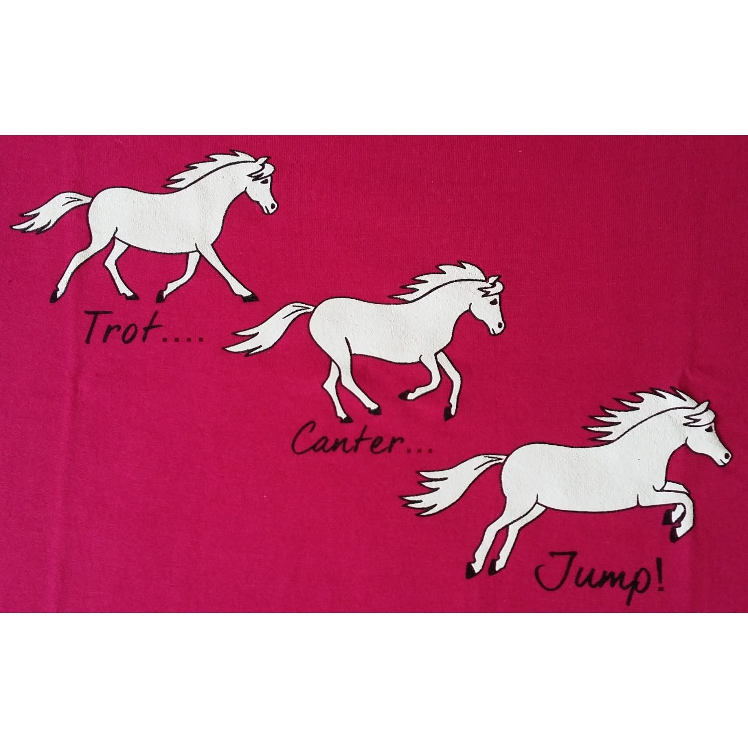 The Printed Horse T Shirt With Trot, Canter, Jump Design Childrens by British Country Collection features three white horses in different movements on a red backgroundâ€”perfect for kids who love charming horse designs.