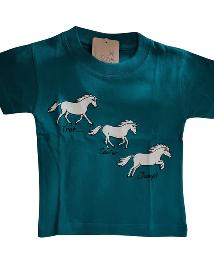 A teal Childrens T Shirt by British Country Collection featuring a printed horse design with three white horses in Trot, Canter, and Jump poses.