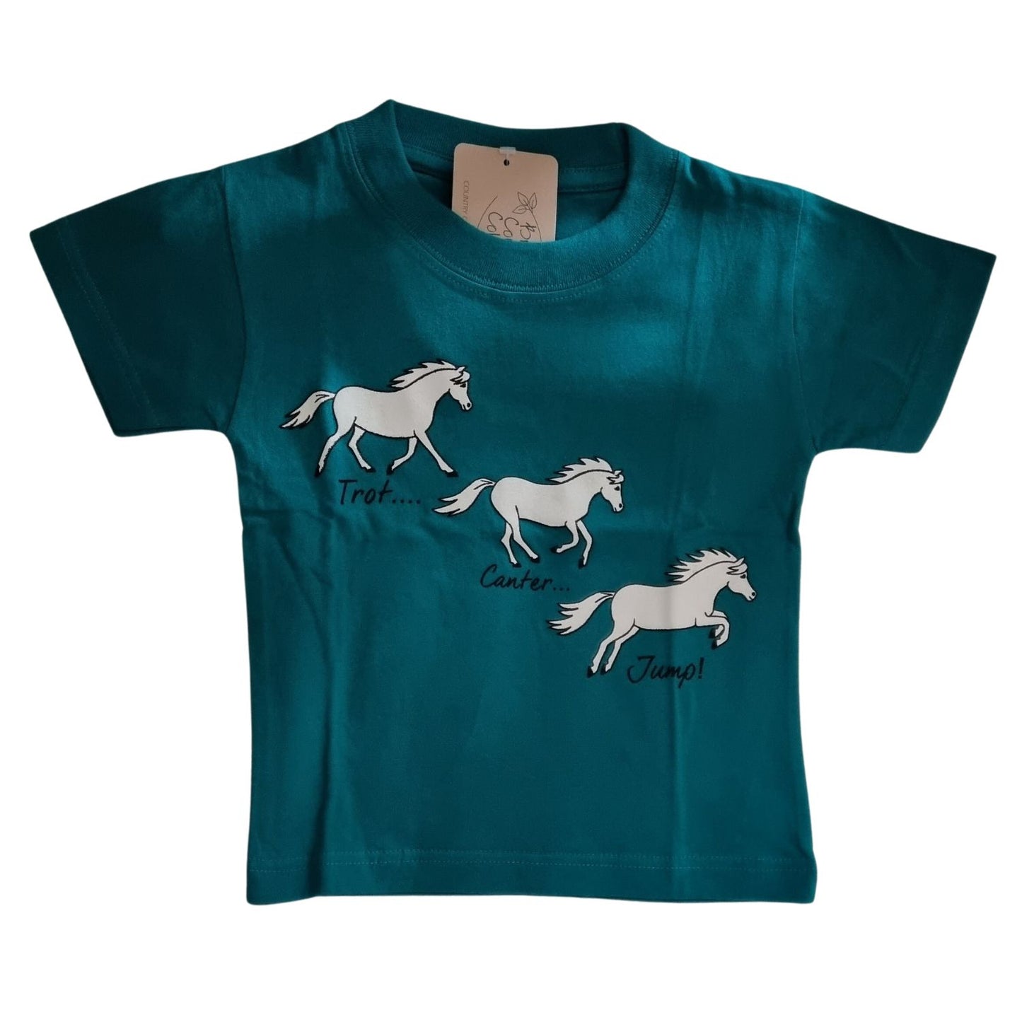 A teal Childrens T Shirt by British Country Collection featuring a printed horse design with three white horses in Trot, Canter, and Jump poses.
