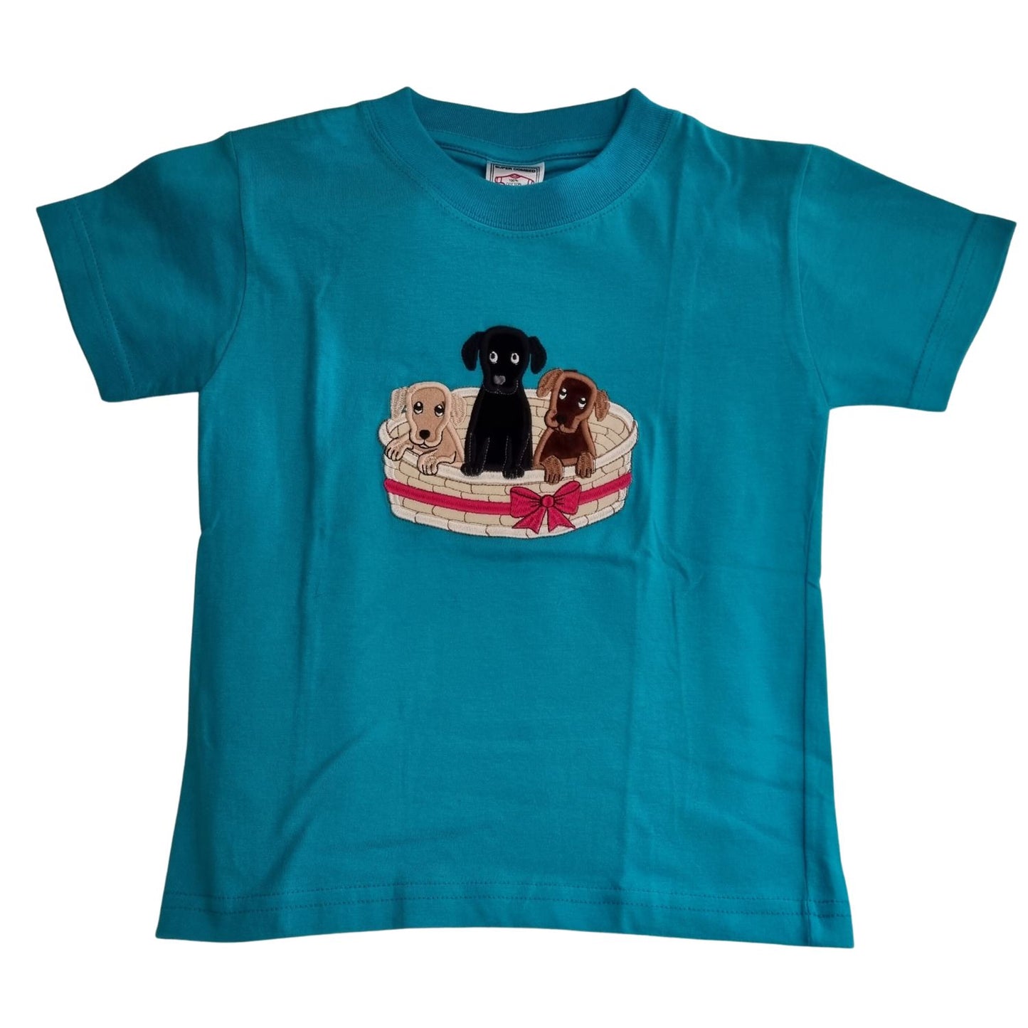 Children's T Shirt Embroidered Basket of Puppies