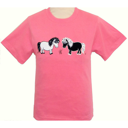 a light pink short sleeve, round necked T-shirt featuring two shetland ponies in a printed black and white design.