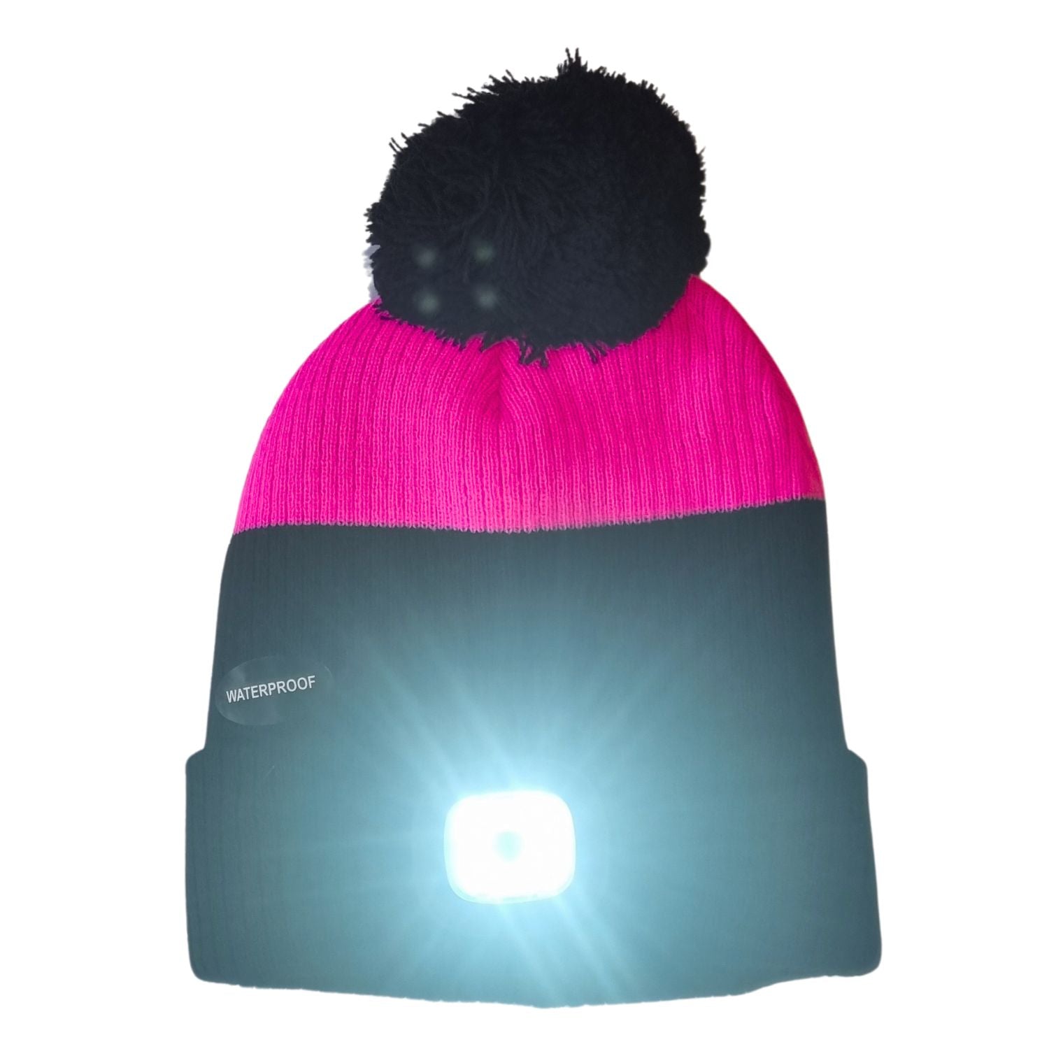 a black and pink bobble hat with a large black bobble and an LED light on the headband switched on to the brightest setting