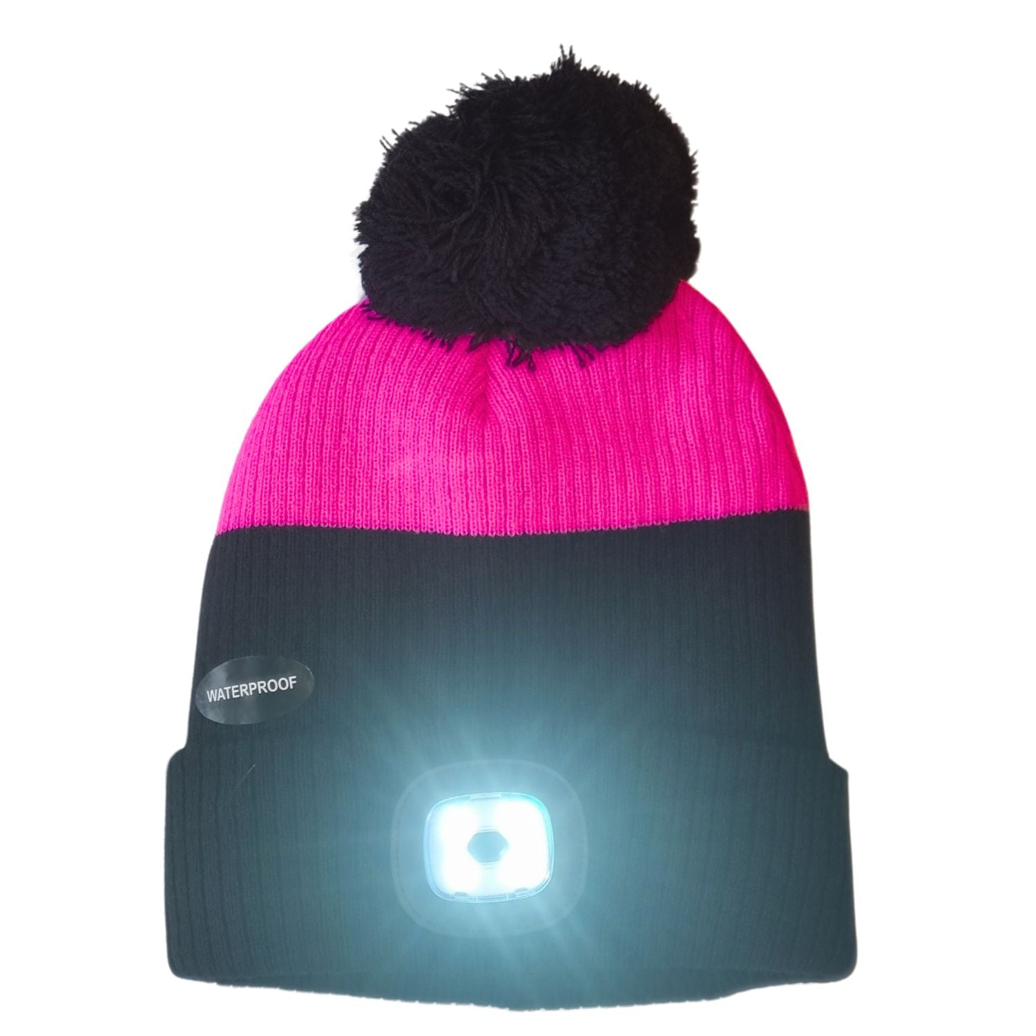 a black and pink bobble hat with a large black bobble and an LED light on the headband switched on