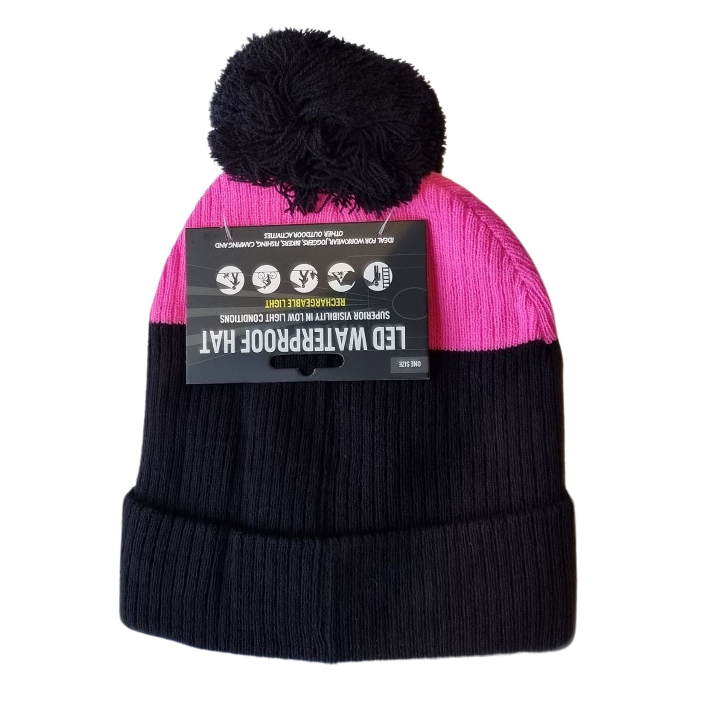 the back of a black and pink bobble hat with a large black bobble 