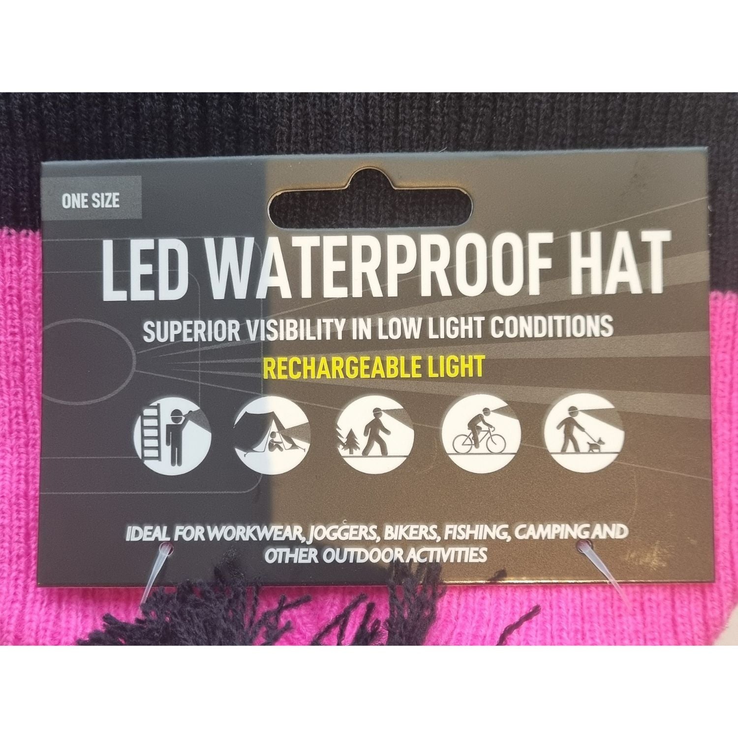 a close up of the label for the waterproof bobble hat with LED lights