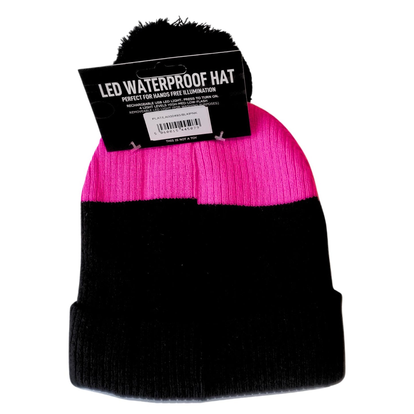 the back of a black and pink bobble hat with a large black bobble 