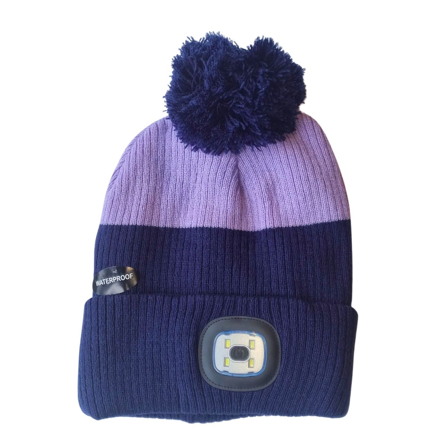 a navy and lilac bobble hat with a large navy bobble and an LED light on the headband