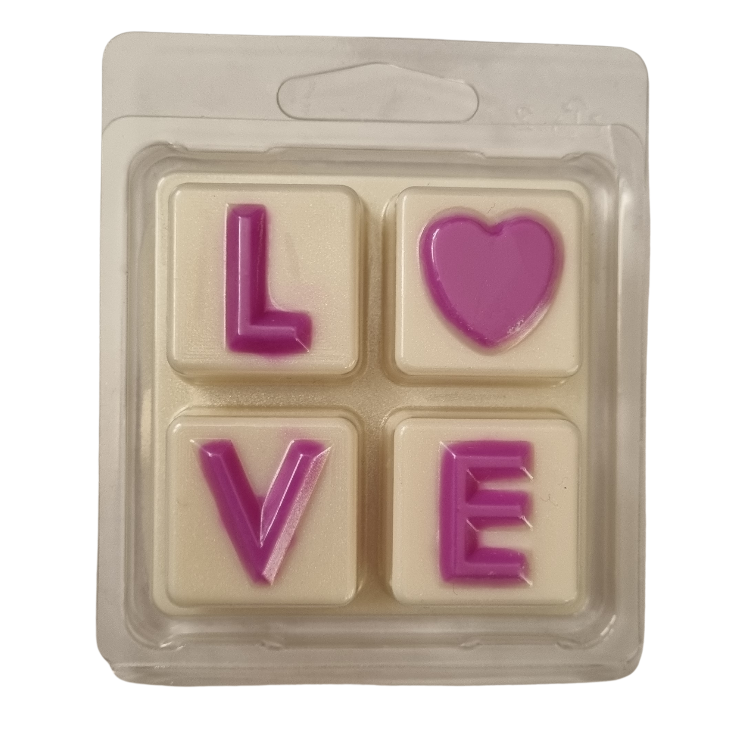 Soy Wax Melts in love Clamshell with bright pink love on white wax melt background