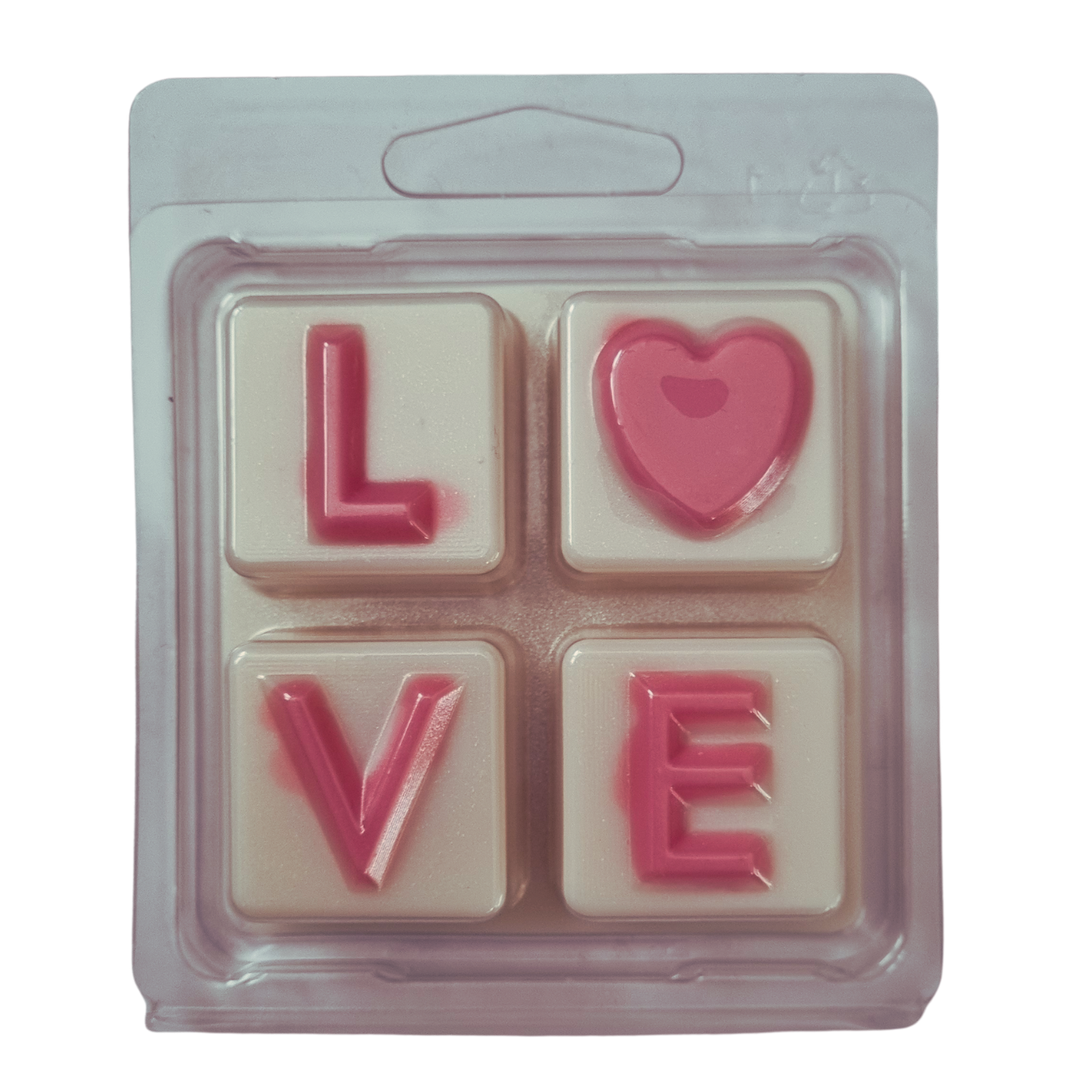 Soy Wax Melts in love Clamshell with pink love on white wax melt background