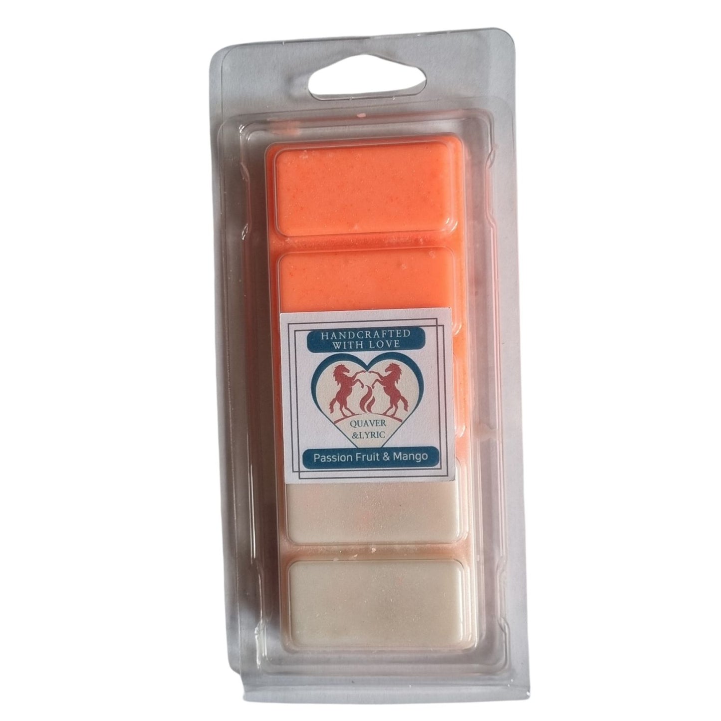  a bright orange and white wax melt bar in a clamshell with quaver and lyric rearing horse branding