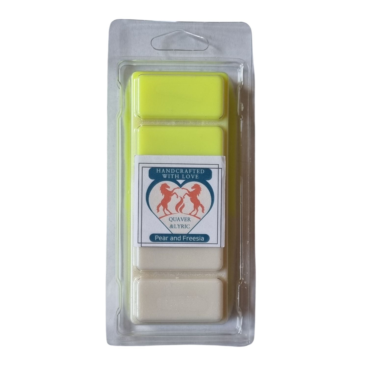  a bright yellow and white wax melt bar in a clamshell with quaver and lyric rearing horse branding