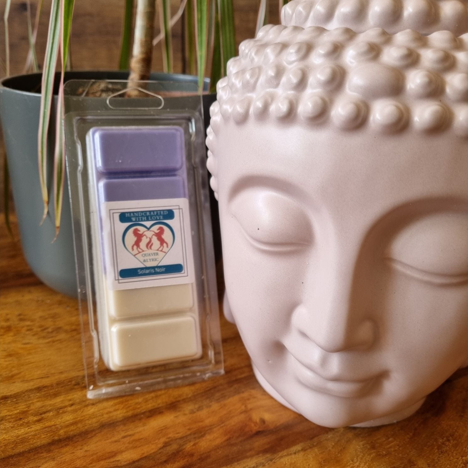  a velvet and white wax melt bar in a clamshell with quaver and lyric rearing horse branding next to a buddha's head wax warmer