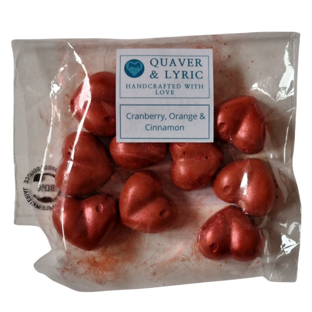 ten bronze heart shaped soy wax melts in a packet with Quaver and Lyric branding