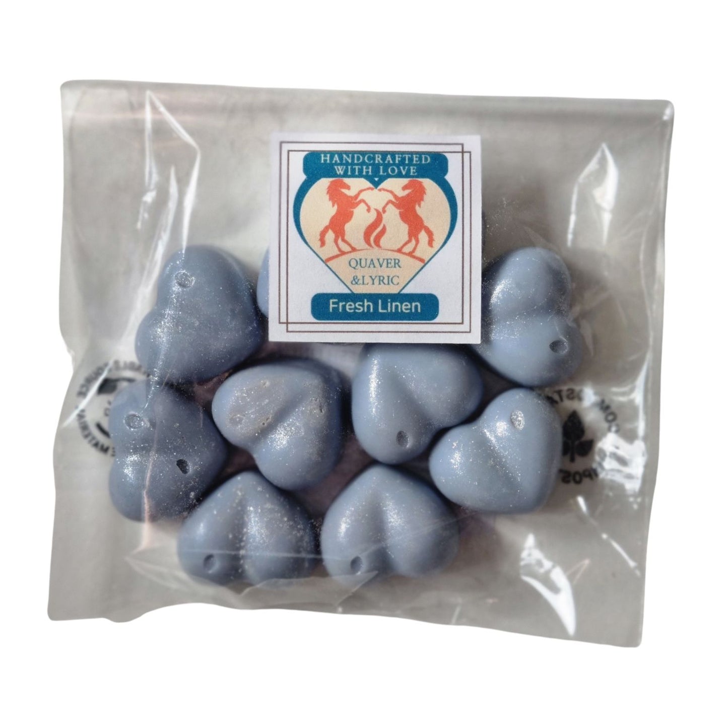 ten light blue heart shaped soy wax melts in a packet with Quaver and Lyric branding