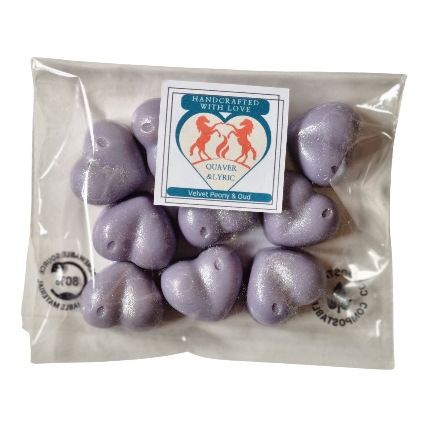 ten lilac heart shaped soy wax melts in a packet with Quaver and Lyric branding
