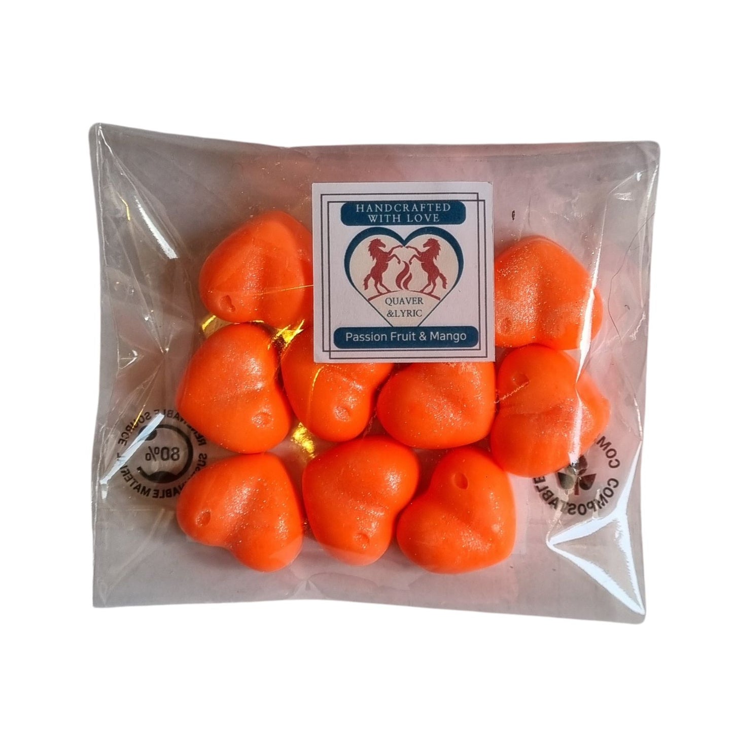 ten bright orange heart shaped soy wax melts in a packet with Quaver and Lyric branding