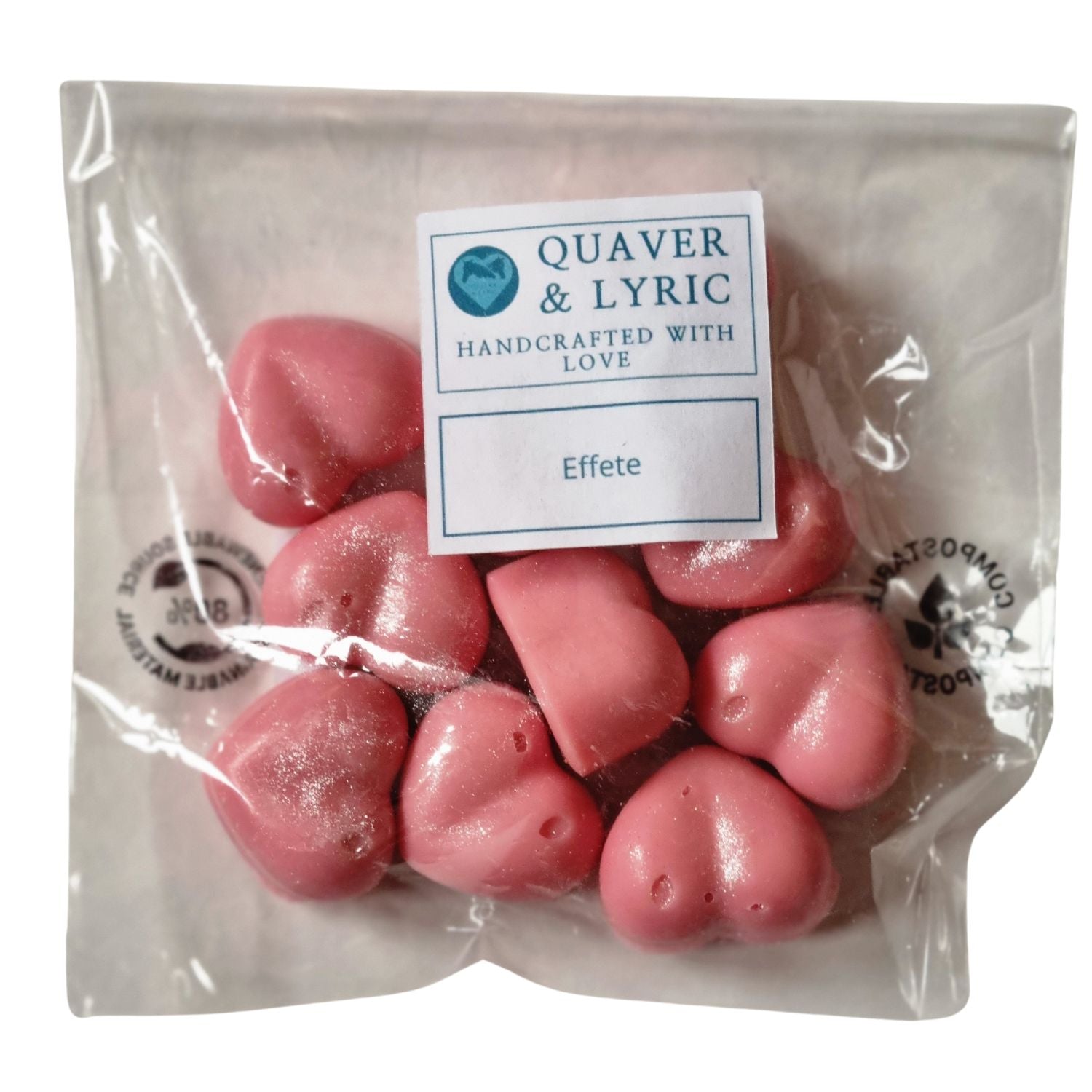 ten pink heart shaped soy wax melts in a packet with Quaver and Lyric branding