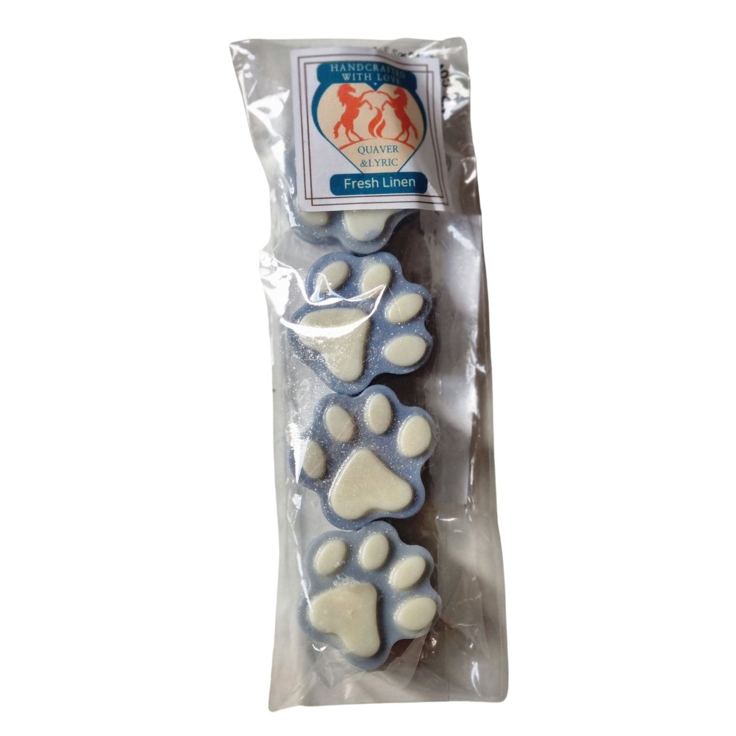 four blue paw shaped wax melts with white paw pads ina packet with quaver & lyric rearing horse branding