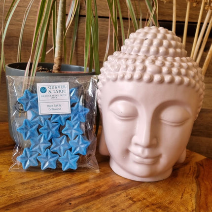 A pink Buddha head planter sits beside a potted plant and a clear bag of Quaver&Lyric Soy Wax Melt Stars (Pack of 15). Wooden panels form the background.