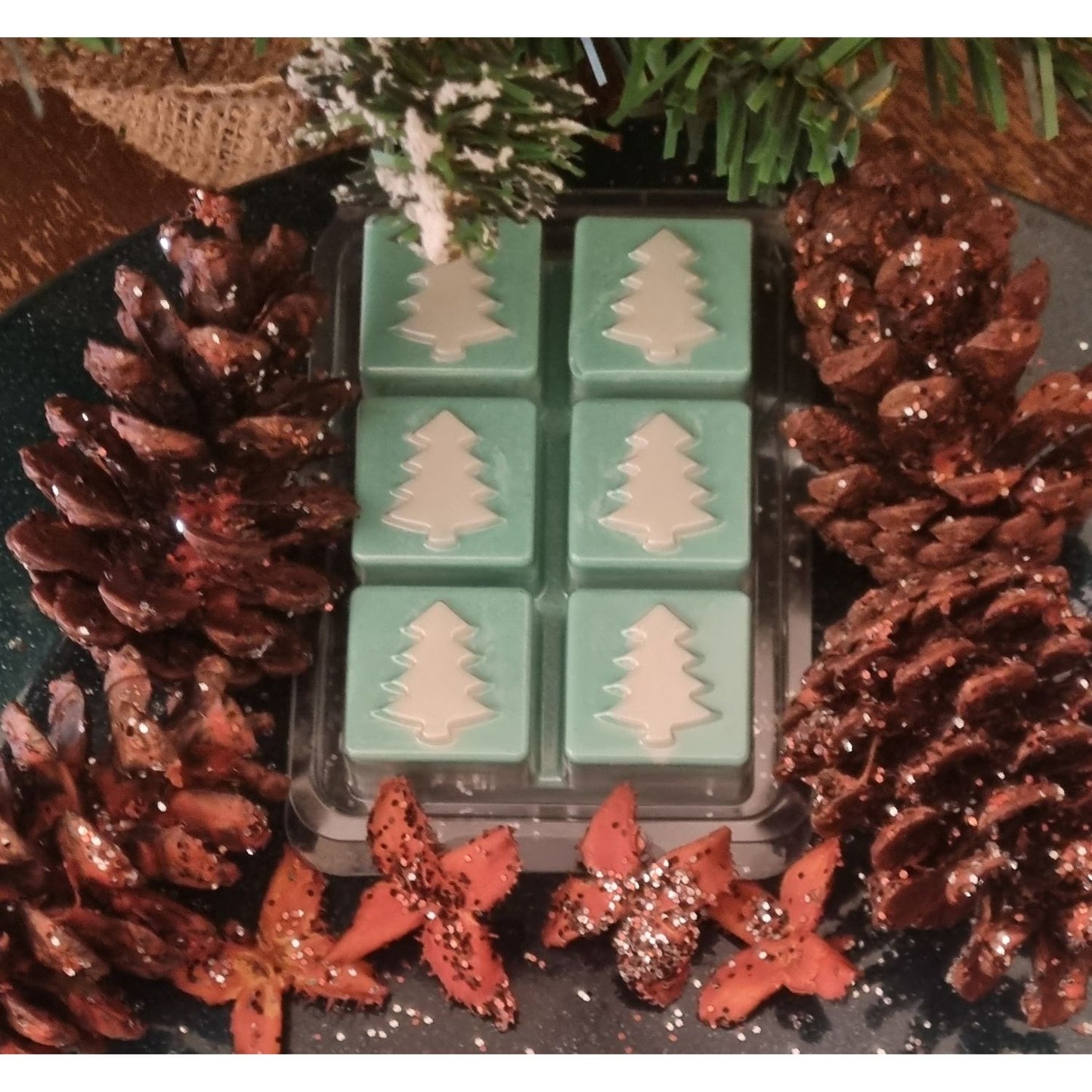 Christmas fragrance wax melts in a Christmas tree design clamshell. With white scented wax christmas trees on green scented cubes. In a festive setting with pine cones.