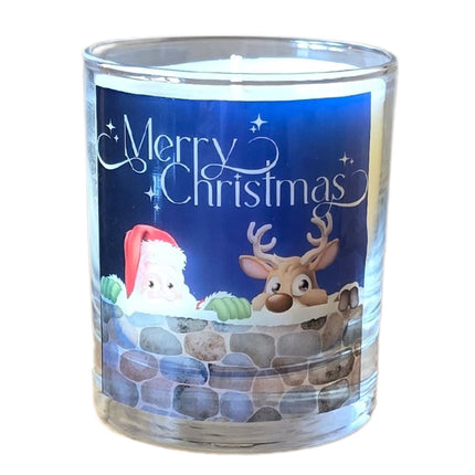 The Quaver&Lyric Christmas Scented Candle in a glass container features a Merry Christmas design with Santa Claus and a reindeer—perfect as festive home decor or a holiday gift.