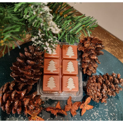 Christmas fragrance wax melts in a Christmas tree design clamshell. With white scented wax christmas trees on red brown scented cubes. In a festive setting with pine cones.