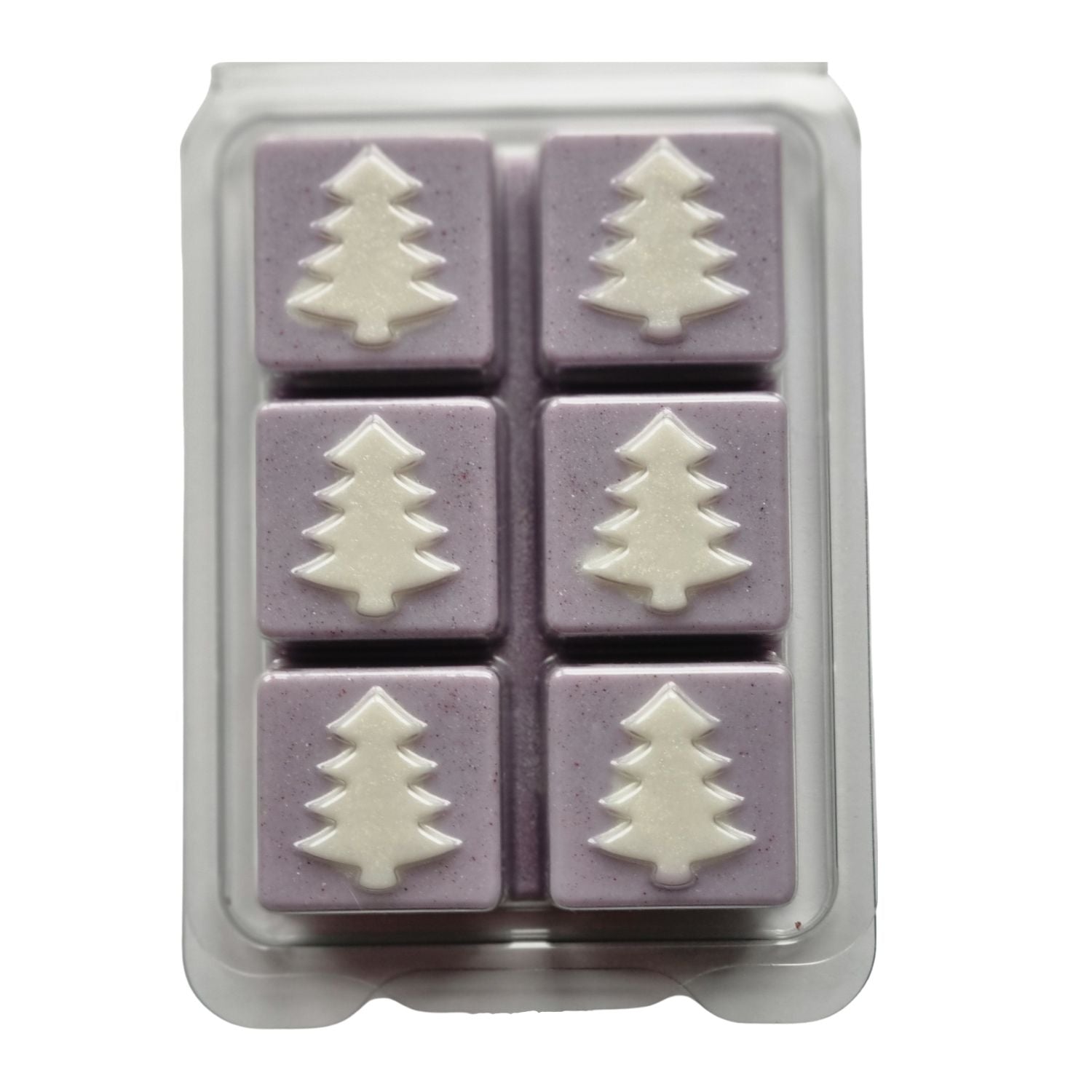 Christmas fragrance wax melts in a Christmas tree design clamshell. With white scented wax christmas trees on lilac coloured scented cubes.