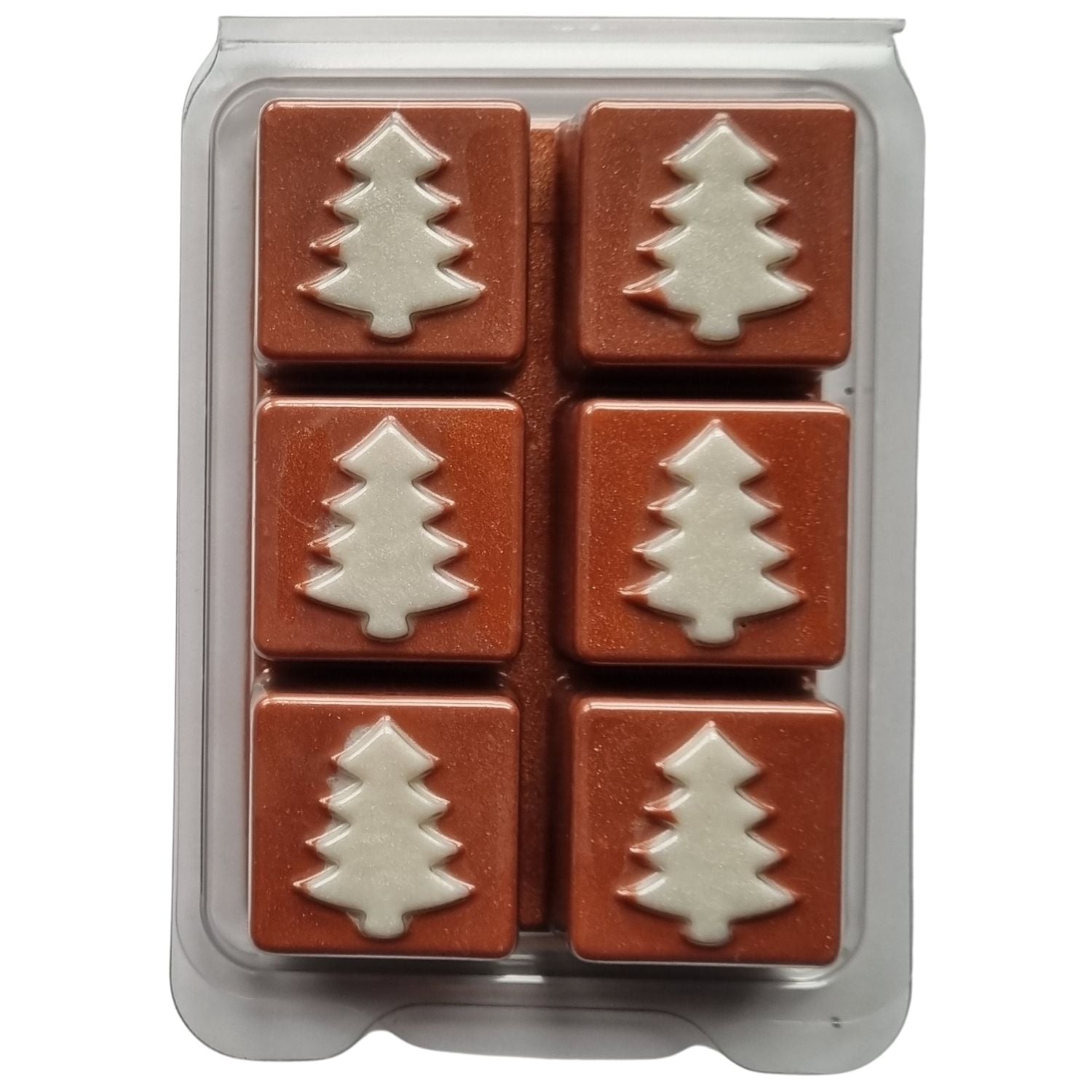 Christmas fragrance wax melts in a Christmas tree design clamshell. With white scented wax christmas trees on red brown scented cubes.