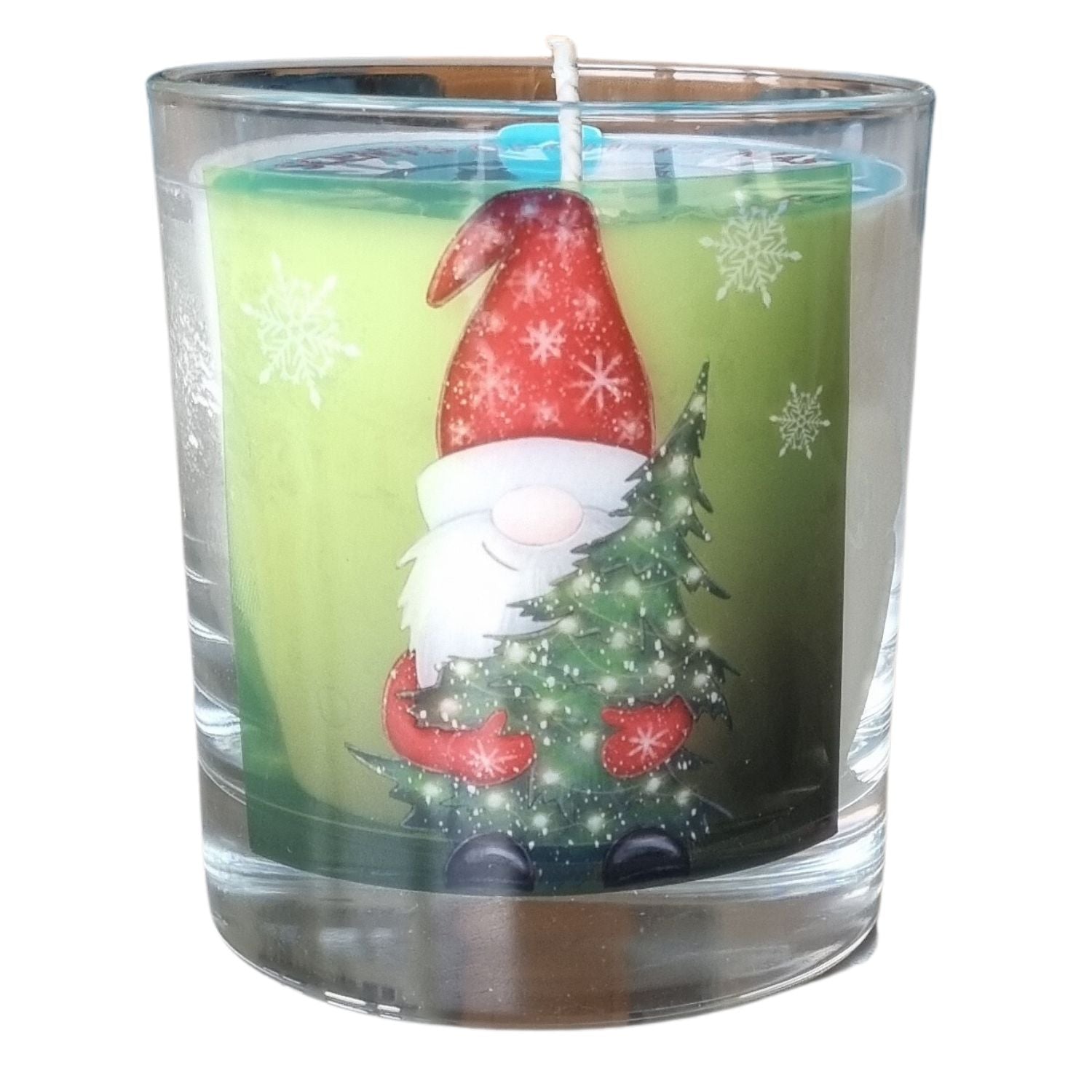 Father Christmas candle with father christmas holding a christmas tree design on the front of a scented candle in glass container