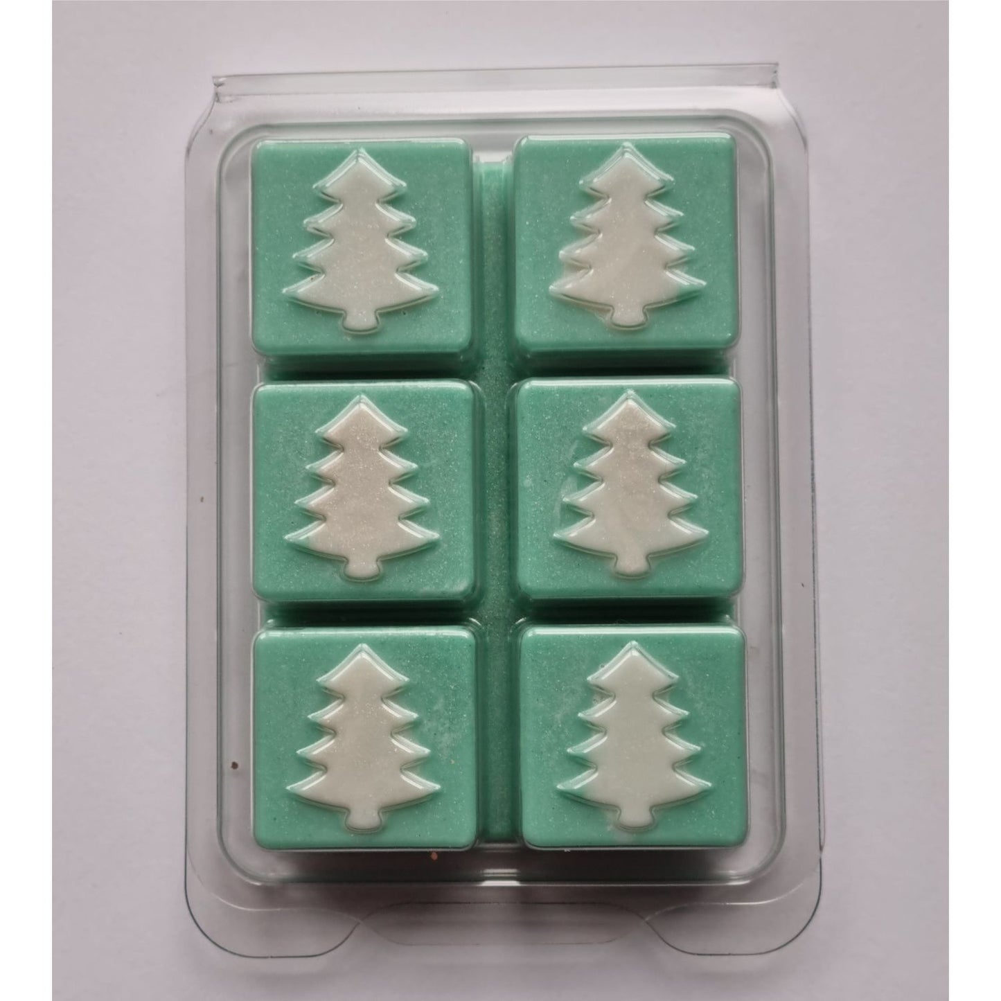 Xmas Scented Soy Wax Melts in 6 block Christmas Tree Clamshell green wax melts cubes with white christmas tree