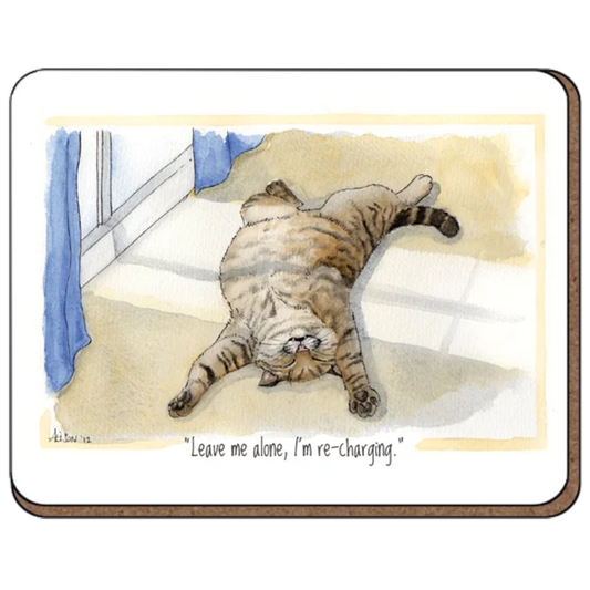 Coaster featuring a relaxed brown cat lying in the sun in front of a window.